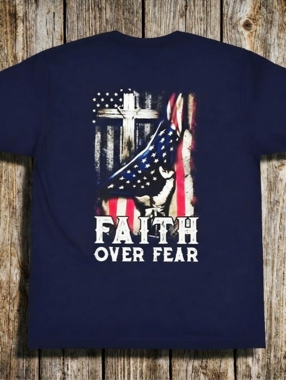 Faith Over Fear Christian Patriotic Tee • American Flag Cross Shirt • - Picture 13 of 15